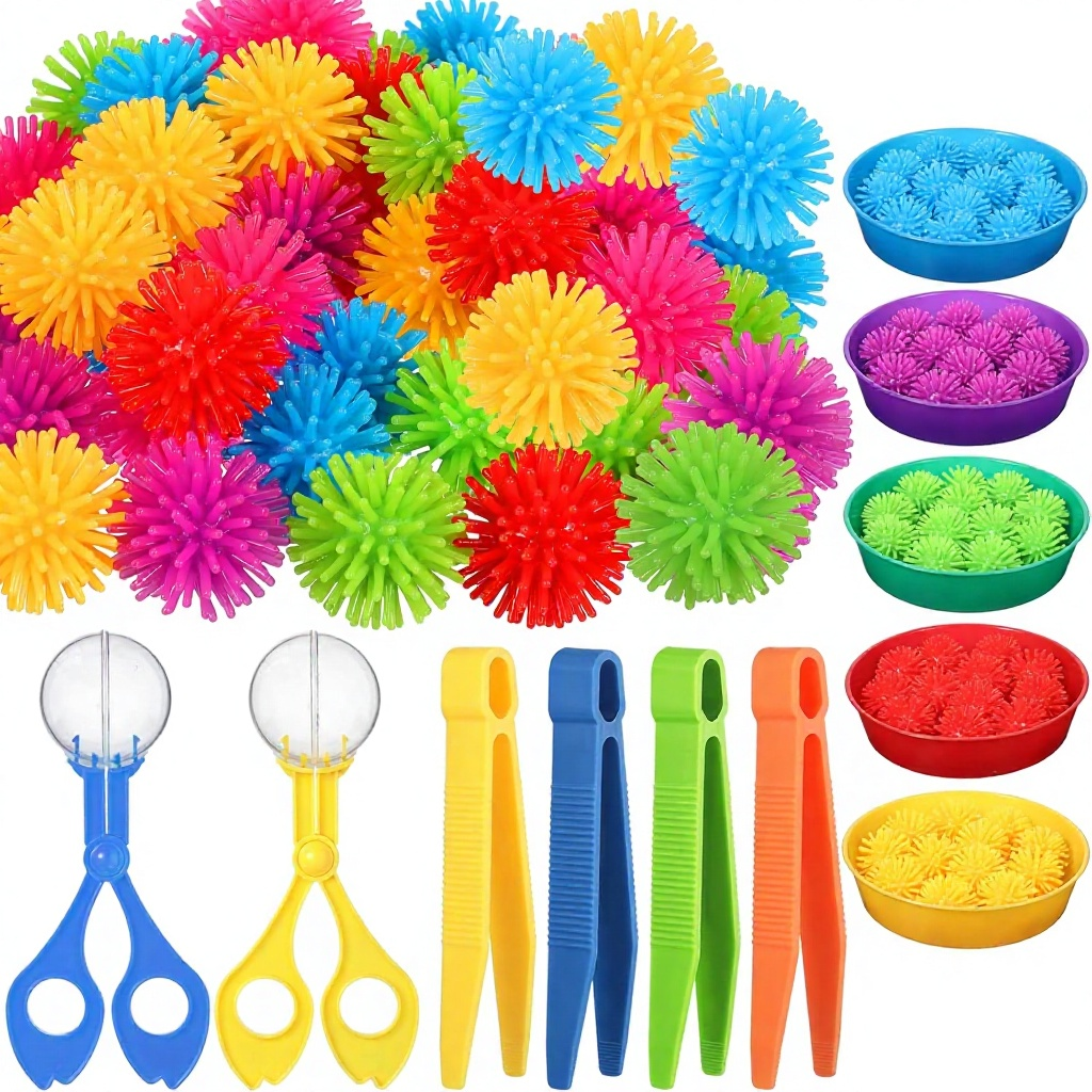71 piece plastic sensory toy filling set, including 60 spheres, 4 tweezers, 2 scissors, 5 cups, for fine motor education