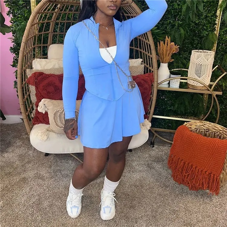 Custom Fall 2 Piece Skirts Set Women Soild Zip Jacket and Mini Pleated Skirts Casulal Two Piece Skirts Sets Women's Clothing