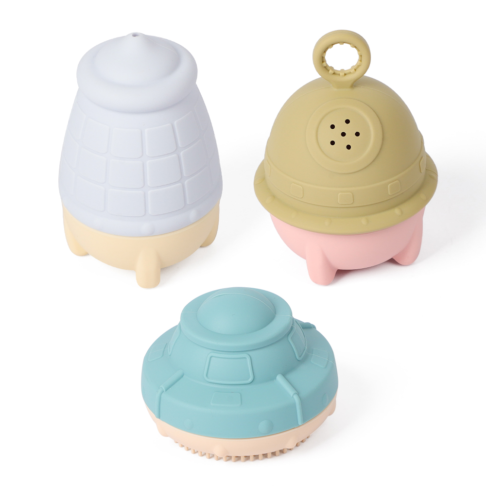 Customized silicone baby bath toy set with water spray function, spacecraft/UFO/rocket shape, suitable for both men and women, suitable for infants and young children, made of food grade material